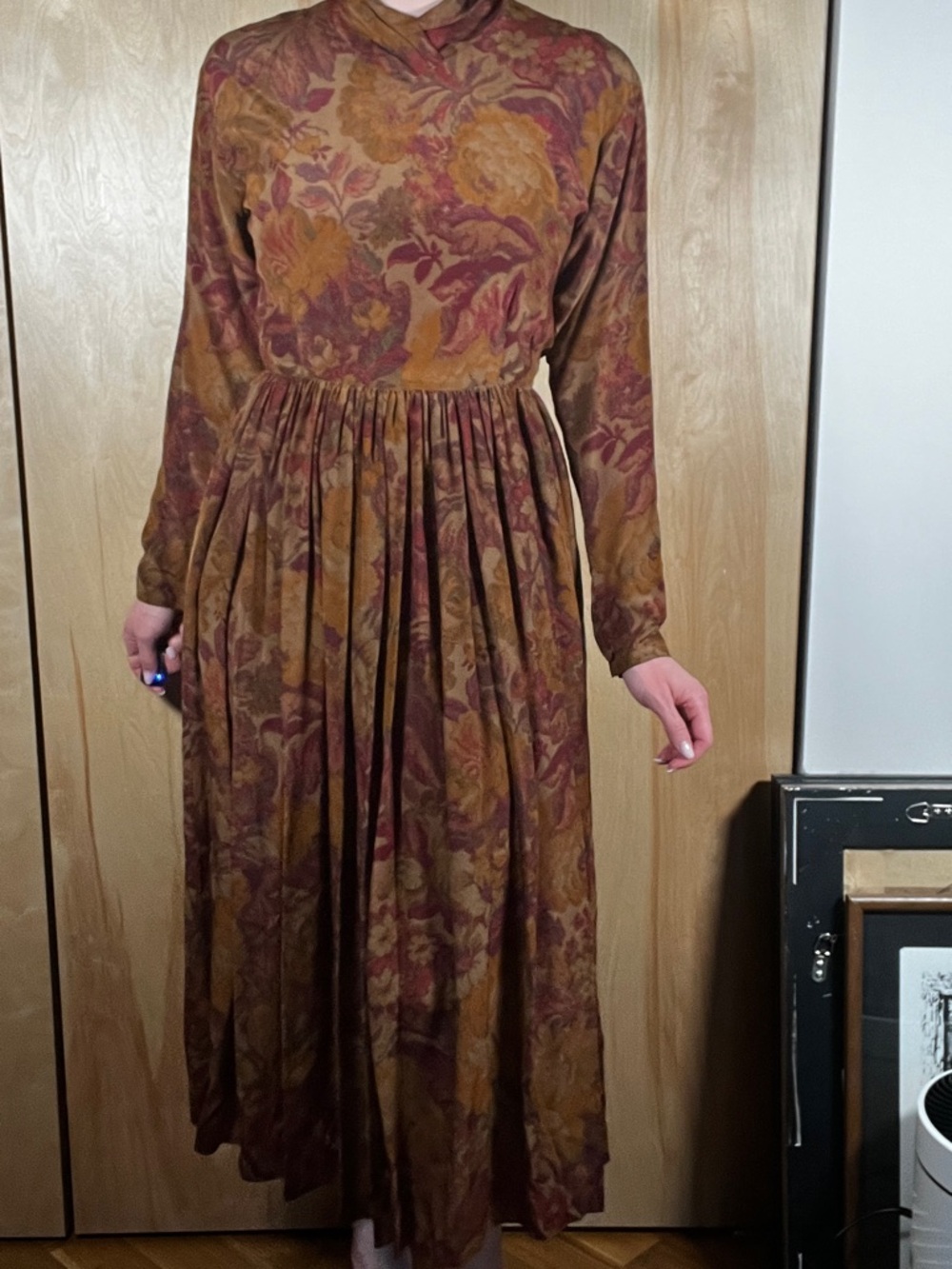100% Silk Calvin Klein Long-Sleeve Floral Midi Dress in Rust and Olive